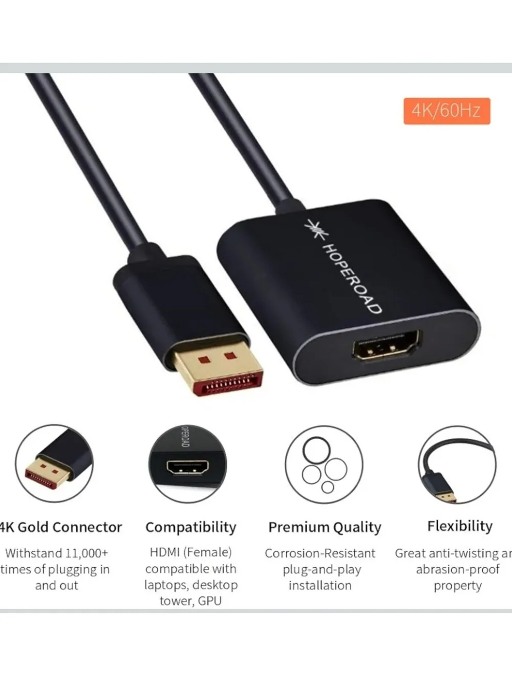 Black DisplayPort to HDMI 4K HDMI Adapter (HopeRoad)